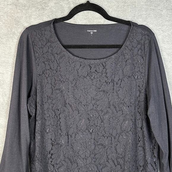 Garnet Hill Top Womens Large Black Lace 3/4 Sleeve Neutral Party Holiday Stretch - Picture 2 of 11